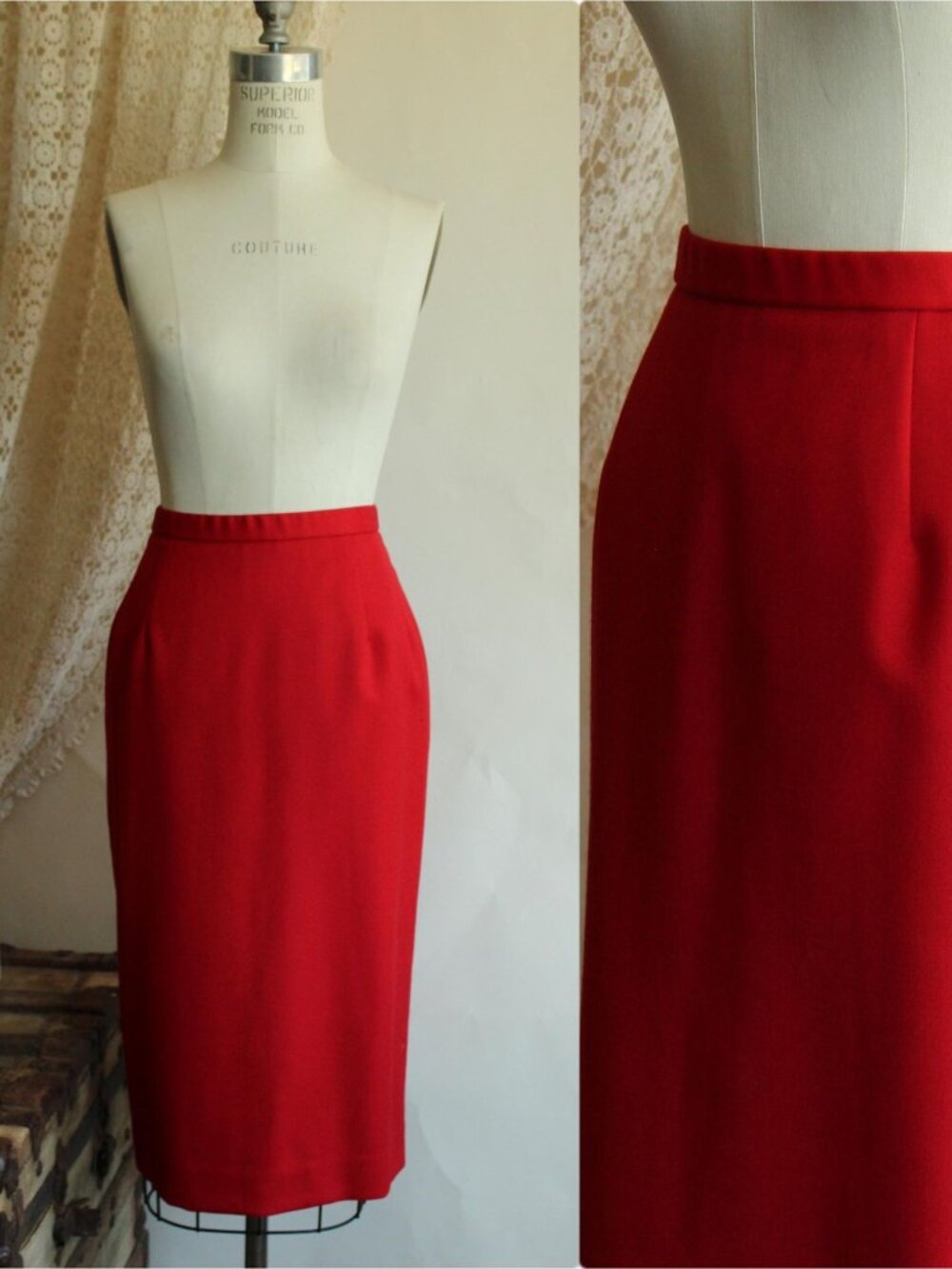 Vintage 1990s Pencil Skirt, Red Knee Length